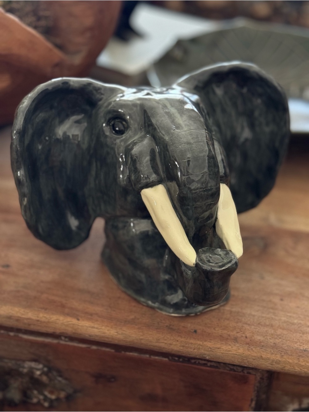 Heavy Handmade Ceramic Glazed Elephant Head Sculpture